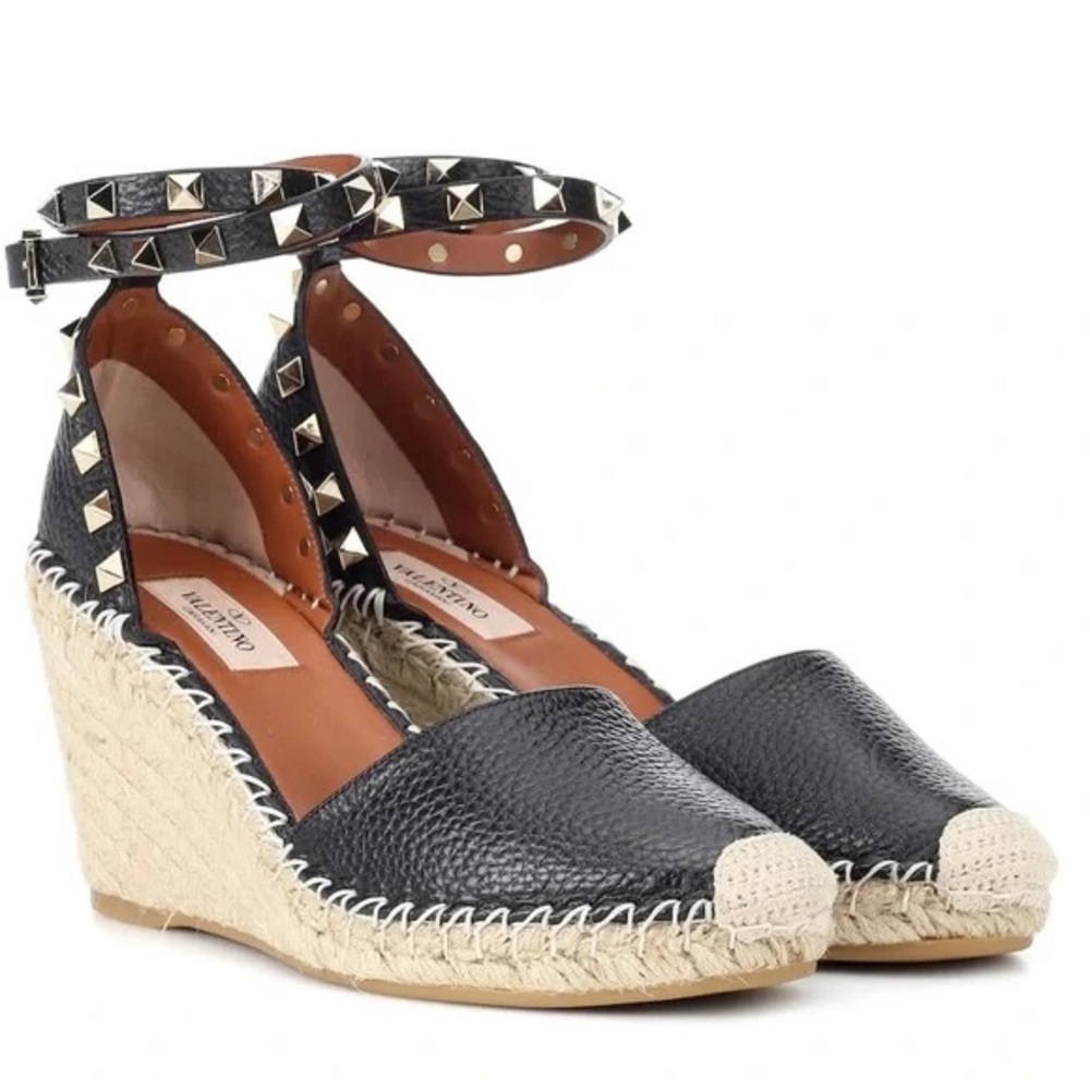 Valentino Rockstud Double Grainy Calfskin Leather Wedge Espadrille Size 36